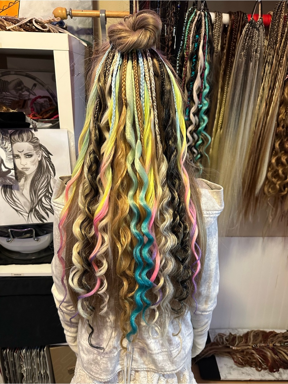 Colorful Braided Hair Extensions with Feather Accent - Picture 6 of 13